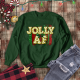 Christmas Sweatshirt/ Jolly Af Gold Marquee Letter Lights Holiday Bling Fleece Sweater