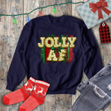 Christmas Sweatshirt/ Jolly Af Gold Marquee Letter Lights Holiday Bling Fleece Sweater