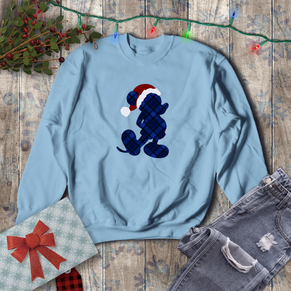 Disney Christmas Plaid Sweatshirt/ Blue Plaid Mickey Mouse With Red Santa Hat Shirt/ Christmas Holiday Fleece Sweater