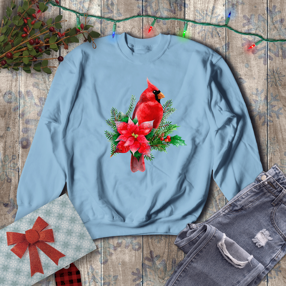 Christmas Cardinal Sweatshirt/ Red Cardinal With Pine Tree Branches, Holly And Poinsettia Winter Holiday Fleece Sweater