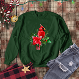 Christmas Cardinal Sweatshirt/ Red Cardinal With Pine Tree Branches, Holly And Poinsettia Winter Holiday Fleece Sweater