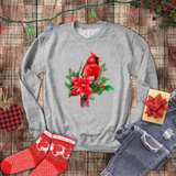 Christmas Cardinal Sweatshirt/ Red Cardinal With Pine Tree Branches, Holly And Poinsettia Winter Holiday Fleece Sweater