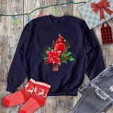 Christmas Cardinal Sweatshirt/ Red Cardinal With Pine Tree Branches, Holly And Poinsettia Winter Holiday Fleece Sweater