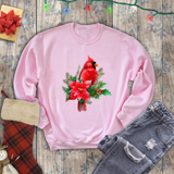 Christmas Cardinal Sweatshirt/ Red Cardinal With Pine Tree Branches, Holly And Poinsettia Winter Holiday Fleece Sweater