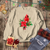 Christmas Cardinal Sweatshirt/ Red Cardinal With Pine Tree Branches, Holly And Poinsettia Winter Holiday Fleece Sweater