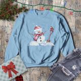 Christmas Sweatshirt/ Watercolor Snowman And Bird With Blue Snowflakes Pajama Winter Fleece Sweater