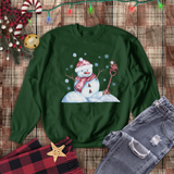 Christmas Sweatshirt/ Watercolor Snowman And Bird With Blue Snowflakes Pajama Winter Fleece Sweater