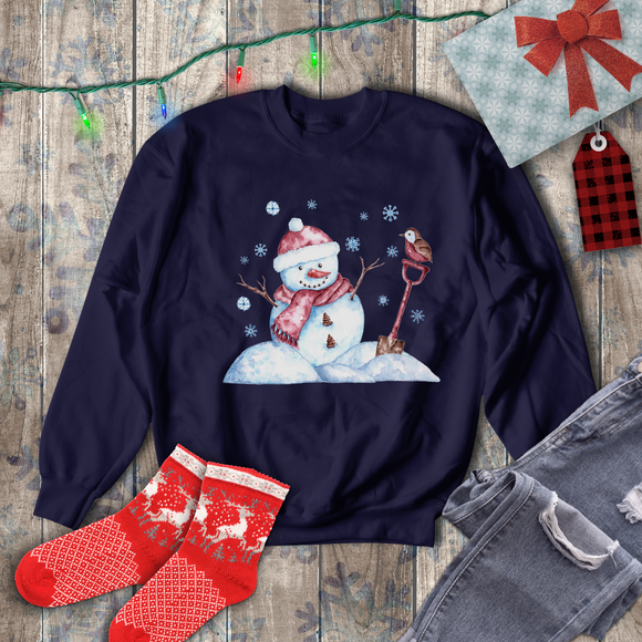 Christmas Sweatshirt/ Watercolor Snowman And Bird With Blue Snowflakes Pajama Winter Fleece Sweater