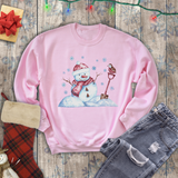 Christmas Sweatshirt/ Watercolor Snowman And Bird With Blue Snowflakes Pajama Winter Fleece Sweater