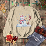Christmas Sweatshirt/ Watercolor Snowman And Bird With Blue Snowflakes Pajama Winter Fleece Sweater