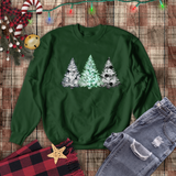 Christmas Sweatshirt/ Watercolor 3 Pine Trees Black And White Deer/ Green Holly Leaves Pajama Winter Fleece Sweater