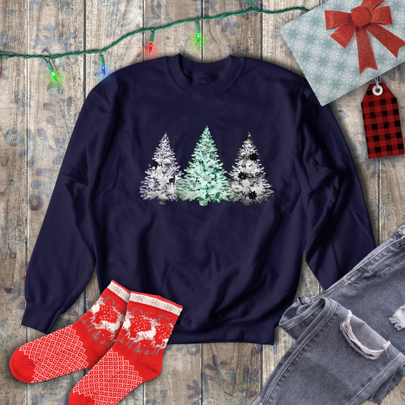 Christmas Sweatshirt/ Watercolor 3 Pine Trees Black And White Deer/ Green Holly Leaves Pajama Winter Fleece Sweater