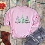 Christmas Sweatshirt/ Watercolor 3 Pine Trees Black And White Deer/ Green Holly Leaves Pajama Winter Fleece Sweater