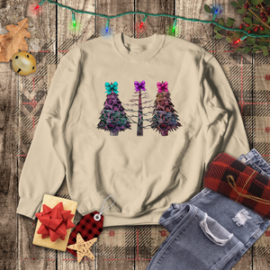 Christmas Sweatshirt/ Watercolor Tie Dye Leopard Print Holiday Trees With Purple, Teal, Pink Bows Pajama Winter Fleece Sweater
