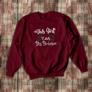 Christmas Sweatshirt/ Funny This Girl Likes Big Packages Shirt/ Big Presents Santa Hat Holiday Fleece Sweater