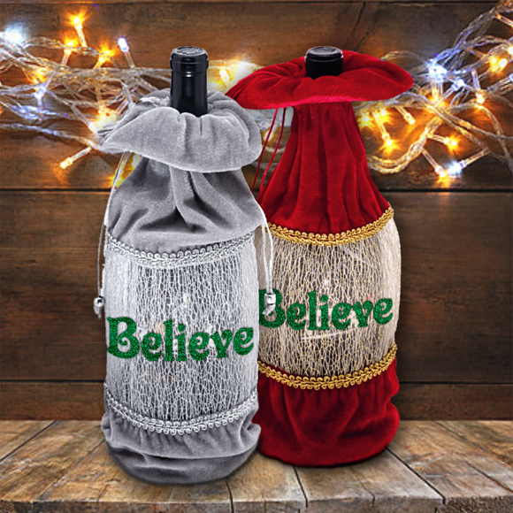 Holiday Wine Bottle Gift Bag/ Believe Silver, Red Velvet Bottle Tote/ Green Glitter Wine Tote Bag/ Party Hostess Gift Bag