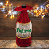 Holiday Wine Bottle Gift Bag/ Believe Silver, Red Velvet Bottle Tote/ Green Glitter Wine Tote Bag/ Party Hostess Gift Bag