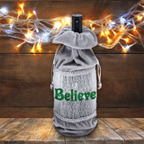 Holiday Wine Bottle Gift Bag/ Believe Silver, Red Velvet Bottle Tote/ Green Glitter Wine Tote Bag/ Party Hostess Gift Bag