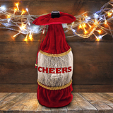 Holiday Wine Bottle Gift Bag/ Glitter Cheers Silver, Red Velvet Bottle Tote/ Party Hostess Gift Bag