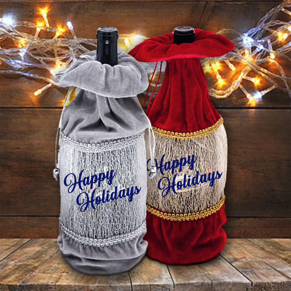 Holiday Wine Bottle Gift Bag/ Happy Holidays Silver, Red Velvet Bottle Tote/ Blue Glitter Wine Tote Bag/ Party Hostess Gift Bag