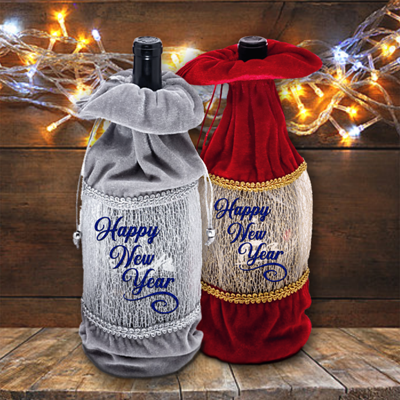 Holiday Wine Bottle Gift Bag/ Happy New Year Silver, Red Velvet Bottle Tote/ Blue Glitter Party Hostess Gift Bag