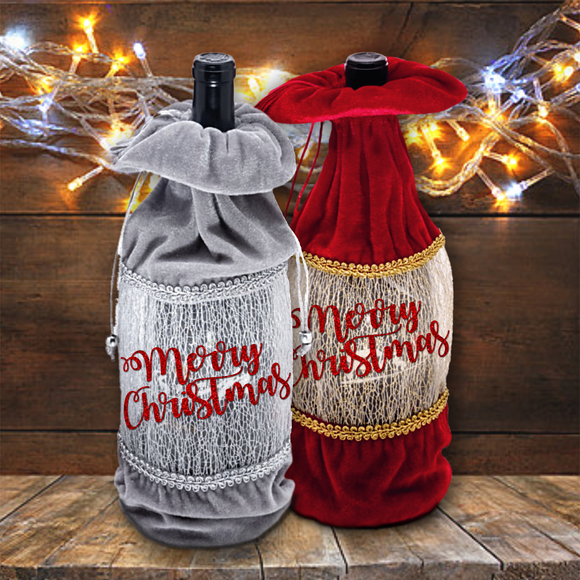 Holiday Wine Bottle Gift Bag/ Merry Christmas Silver, Red Velvet Bottle Tote/ Red Glitter Wine Tote Bag/ Party Hostess Gift Bag
