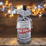 Holiday Wine Bottle Gift Bag/ Merry Christmas Silver, Red Velvet Bottle Tote/ Red Glitter Wine Tote Bag/ Party Hostess Gift Bag