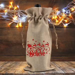 Christmas Wine Gift Bag/ Believe In Santa Red Reindeer And Sleigh Christmas Holiday Burlap Wine Tote
