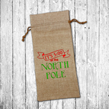 Christmas Wine Gift Bag/ It’s Five O’Clock At The North Pole Funny Drinking Holiday Burlap Wine Tote
