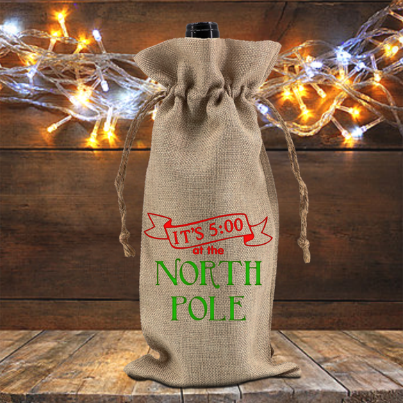 Christmas Wine Gift Bag/ It’s Five O’Clock At The North Pole Funny Drinking Holiday Burlap Wine Tote
