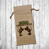 Disney Christmas Wine Gift Bag/ Plaid Kissing Mickey And Minnie Mouse Holiday Burlap Wine Tote