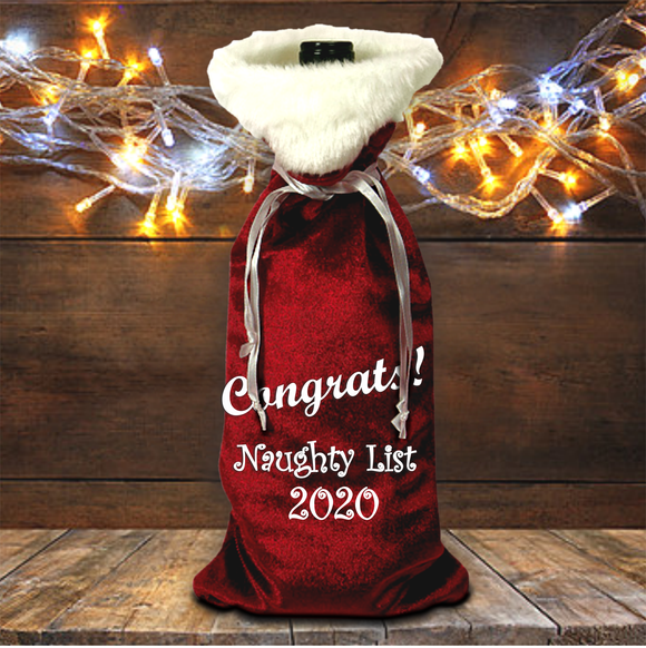 Santa Wine Bottle Gift Bag/ Santa Suit Christmas Bottle Bag/ Velvet Holiday Wine Tote Bag/ Stocking Stuffer Bag/ Santa’s Naughty List Party Bag