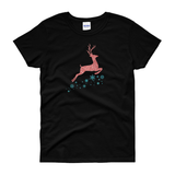 Christmas Shirts/ Rose Gold Flying Reindeer T-Shirts/ Glitter Snowflakes Bling Winter Holiday Top Christmas Gift