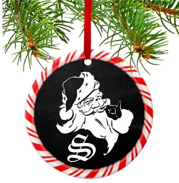 Christmas Candy Cane Ornament/ Old Fashion Retro Santa Claus Chalkboard Holiday Ceramic Ornament/ Christmas Gift Tag