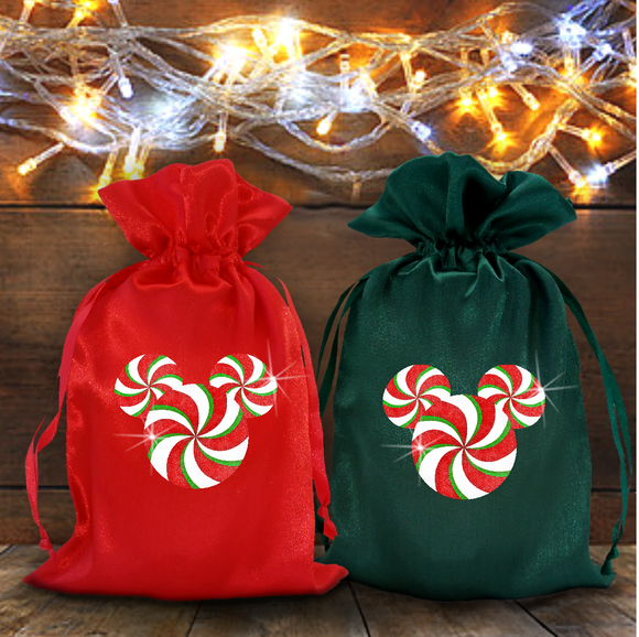 Disney Mickey Mouse Christmas Glitter Gift Bags/ 2 Disney Peppermint Candy Swirl Mickey Mouse Glitter Satin Christmas Bag Set
