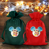 Disney Mickey Mouse Christmas Snowglobe Glitter Gift Bags/ Set Of 2 Snowglobe Mickey, Minnie Mouse Glitter Satin Christmas Red, Green Bags