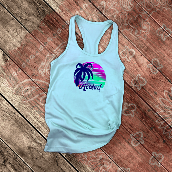 Tropical Hawaiian Tanks/ Aloha Purple Blue Green Sunset Palm Tree Summer Vacation Beach Tank Top