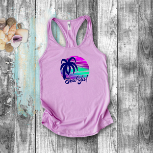 Tropical Nautical Tanks/ Sea Ya Purple Blue Green Sunset Palm Tree Summer Beach Vacation Tank Top