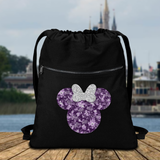 Disney 100 Anniversary Backpack/ Minnie Platinum Silver Glitter Bow Purple Years Of Wonder Tinkerbell Vacation Travel Park Bag Cinch Sack