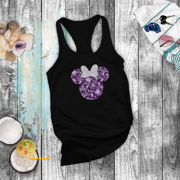 Disney 100 Anniversary Tanks/ Minnie Platinum Silver Glitter Bow Purple Years Of Wonder Mickey, Stitch, Tinkerbell Tank Top