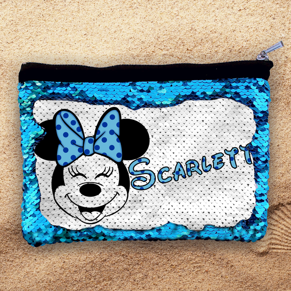 Disney Frozen Minnie Mouse Sequin Cosmetic Bag Custom Bag/ Arendelle Aqua Zipper Pouch Gift/ Minnie Polkadot Bow Reversible Flip Sequin Makeup Case