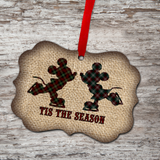 Disney Christmas Ornament/ Plaid Ice Skating Mickey And Minnie Mouse Burlap Rustic Country Farmhouse Winter Holiday Ornament/ Gift Tag