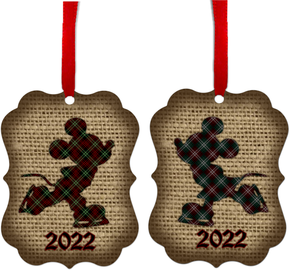 Disney Christmas Plaid And Burlap Ornament Set/ Mickey And Minnie Ice Skating 2022 Holiday Ornament/ Gift Tags