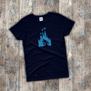 Disney Christmas Shirts/ Cinderella Castle T-Shirts/ Winter Blue Snowflakes Glitter Mickey Mouse Holiday Party Top Christmas Gift