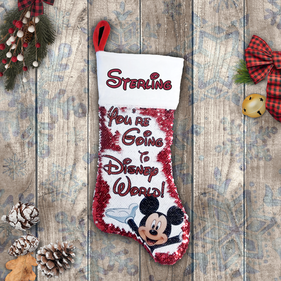 Custom Disney Personalized Christmas Stocking/ You’re Going To Disney World/ Disneyland Reveal Red Sequin Stocking Gift Surprise