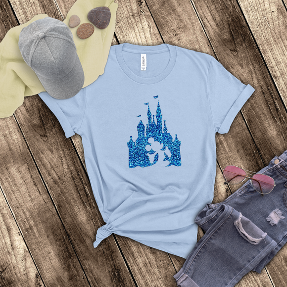 Disney Mickey Mouse Shirts/ Disney Cinderella Castle Aqua Blue Glitter T-Shirts