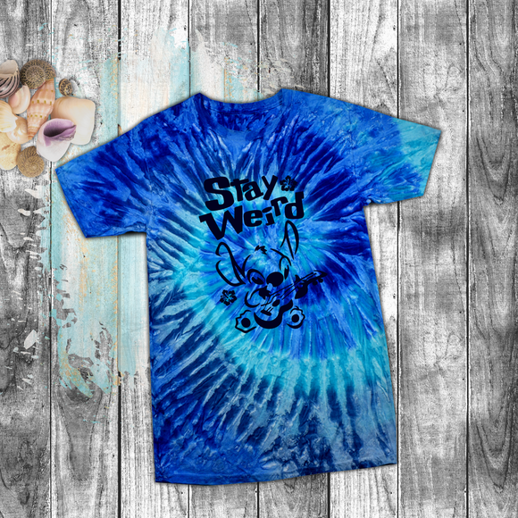 Disney Stitch Tie Dye Shirts/ Stay Weird Funny Ohana Stitch Playing Guitar Tie Dye Adult And Youth T-Shirts