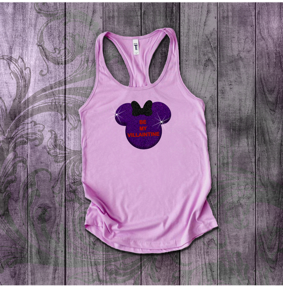 Disney Valentine Villain Tanks/ Conversation Heart Candy Purple Glitter Funny Be My Villaintine Minnie Mouse Tank Top