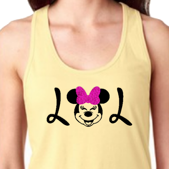 Disney Minnie Mouse Tank Top/ LOL Minnie Women’s Summer Tank/ Disney Minnie Pink Glitter Bow Laughing Out Loud Vacation Tank