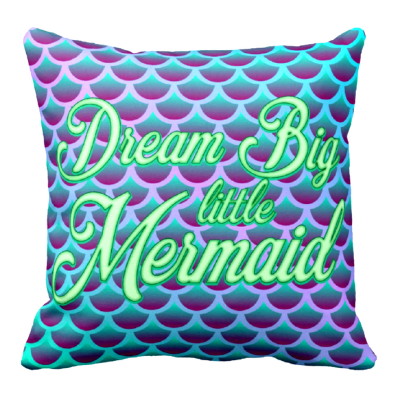 Mermaid Pillow/ Little Mermaid Throw Pillow Décor/ Dream Big Little Mermaid Aqua Blue, Mint Green Square Pillow Girl’s Bedroom Décor Gift